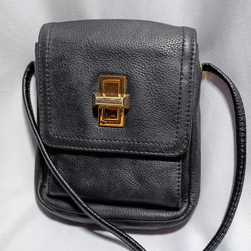 Black Leather Crossbody with Gold Turn-Lock